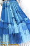 yipinpay Luxury Fashion Fairy Grunge Tutu Skirt Women Spell Color Charming Mesh Patchwork Long Tulle Skirts Chic Princess Skirt