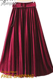 yipinpay Autumn Winter Skirt Women With Belt Long Metallic Silver Maxi Pleated Skirt Midi High Waist Fashion Vintage Saia Party