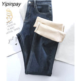 Yipinpay Winter Warm High Waist High Elastic Thickened Mini Flare Jeans Woman Lengthened Plus Velvet