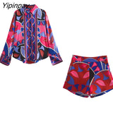 Yipinpay 2023 Summer Women 2PCS Print Blouses+Skirts Set New Turn Down Collar Long Sleeve Tops High Waist Dress Girl Outfits