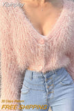Yipinpay Autumn Sweet Sexy V Neck Mohair Pink Knitted Sweater Crop Long Sleeve Cardigan Temperament Elegant All-match Solid