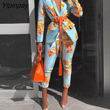 Yipinpay Women Chic Elegant All over Print  Long Sleeve Sashes Ankle-Length Pants Spring Working Blazer Sets 423