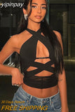 yipinpay Out Sleeveless Tank Top Women Camisoles Black Top Streetwear Outfits Solid Slim Cross Neck Crop Top Female Summer Clothes