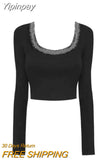 Yipinpay Slim Crop Tops Woman Casual Korean Style Pullover Pure Color 2023 Autumn Long Sleeve Knitted Short T-shirt Female Thin
