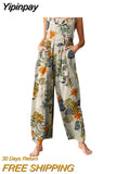 Yipinpay Women Casual Floral Print Strappy Dungarees Vintage Cotton Linen Loose Party Long Harem Overalls Rompers Jumpsuits