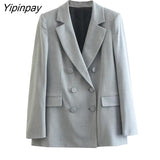 Yipinpay 2023 Spring Autumn Ladies Gray Blazer Suit Office Outfits Solid Double Breasted Jacket+Zipper Split Basic Long Pant Outwear