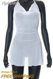 Yipinpay Sexy Backless Suspender Mini Beach Dress Summer Women Swimsuit Cover-ups See-through Sleeveless Halter Tie Up Dresses