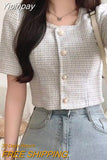Yipinpay Shirts Tweed Short Sleeved Coat Tops Women's Single Breasted Pink Plaid Cardigan Beaded Crop Jackets Summer Y2k