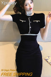 Yipinpay Slim Stretch Round Short Sleeve Knitted Dress Elegant Vintage Summer Chic Contrast Pencil Hip Ropa Vestidos Mujer