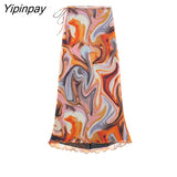 Yipinpay Elegant Women Tulle Printed Skirts Suits Folds Tops Bow Mid-Calf Skirts Sets Long Sleeve Shirt Blouse 2023 Spring Autumn