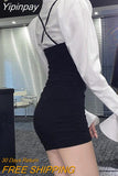 Yipinpay Shirt Women New Sexy Suspender Mini Flare Sleeve Blouse Slim Tops Short Black Strap Dress Sets Wild 2 Piece Suits Fall