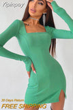 Yipinpay Green Knitted Long Sleeve Autumn Dress For Women Square Neck Slim Bodycon Mini Dresses Femme Club Party Outfits Clothes