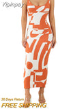 Yipinpay Vintage Geometric Print Knitted Long Dress Elegant Women Spaghetti Straps Wrap Pencil Dress Backless Sling Sundress