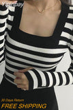 Yipinpay Sueter Mujer Pullover Black White Striped Sweater Women Wild Square Full Sleeve Y2k Clothes Knitted Top Spring Retro