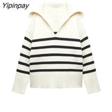 Yipinpay Fashion Ladies Striped Knitted Sweater 2023 Autumn Winter Sailor Collar Pullover Tops Long Sleeve Casual Streetwear