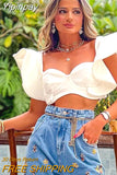 Yipinpay Ruffle Fly Sleeve Short T-Shirt Sweet Style Summer Women Low Cut Backless Cropped Tops Party Club Casual Tops