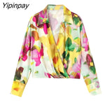 Yipinpay Women Tie Dye Print Pants Suits 2023 New Shirt With High Waist Zipper Pants 2 Piece Sets Elegant Office Lady Outfits
