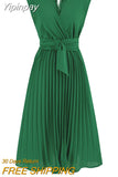 Yipinpay European and American Summer Sleeveless V-neck Lace-up Fashion Slim Temperament Pleated Dress