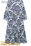 Yipinpay Blue Printed Long Dress Women Ruffle Shirt Dress Woman 2023 Ruched Midi Dresses Loose Casual Summer Women's Dresses