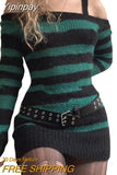Yipinpay Dress Off Shoulder Punk Gothic Witchy Clothes Women Striped Long Sleeve Knitted Dress y2k Dark Academia Dress
