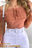 Yipinpay New Summer Fashion Women Pink Slash Neck Off Shoulder Hollow Lace Top Woman Flare Sleeve Slim Tops
