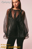Yipinpay Transparent Organza Blouse Women Party Puff Sleeve Tops Summer See Through Tops Vacation Female Lace-Up Loose Blouse