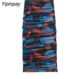 Yipinpay Fashion 2023 Women's Tulle Printed Sets Elegant O-neck Folds Top Mid-Calf Straight Skirts Long Sleeve Casual Suits
