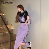Yipinpay Summer New Two-piece Suit Loose Casual Print T-shirt And High Waist Slit Skirt 2 Piece Set Women