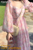 Yipinpay Vintage Long Sleeve Dress Woman Fairy Elegnat Floral Midi Dress Evening Party One Piece Korean 2023 Summer Chiffon Beach