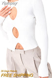 Yipinpay Women Cutout Knitted Sweaters Fall Winter Casual Solid Color Long Sleeve Round Neck Hollowed Cropped Jumpers Tops