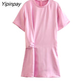 Yipinpay Elegant Women Silk Soft Dresses 2023 New Summer O-neck Sexy Mini Dresses Short Sleev Sheath Folds Vestidos