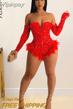 Yipinpay Women Sexy Sequined Hem Feather Bodysuits Spice Girls Off Shoulder Long Sleeve Skinny Playsuit 2023 Hot Club Party Dresswear