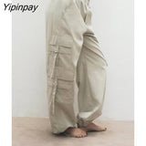 Yipinpay Fashion Women Solid Cargo Pants 2023 Summer Fashion High Street Female Causal Pants Elastic Waist Pockets Long Trousers