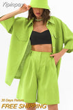 Yipinpay Office Ladies Cotton Linen Sets Women 2 Piece Sets Summer 2023 Brown High Waist Shorts Suits Lapel Top Casual Outfit