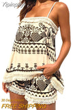 Yipinpay Women Vintage Printing Pants Suit Spaghetti Strap Fringed Camisole And Loose Fit Shorts Casual Everyday Wear Hot S-XL