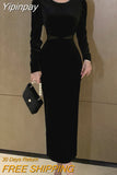 Yipinpay Velvet Black Midi Dress Women Elegant Chic Designer Long Sleeve Dress Sexy Casual Evening Party Formal Occasion Dress New