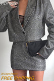 yipinpay Blazer Dress Set Long Sleeve Cropped Blazer Bling Mini Skirt Suits Party Club Outfits Streetwear Black Two Piece Set