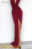 Yipinpay New Plus Size Solid Color Dress Female Summer Fashion Sexy Slit V-neck Long-sleeved Solid Slim Pleated Dress