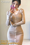 Yipinpay Women Dresses 2023 Lady Fashion Sexy V Long Sleeve Single-breasted Women Knitted Dress Bodycon Knee Wild Vestido Mujer Robe