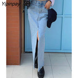 Yipinpay Casual Botton Split Denim Skirts Female Sping Summer Vintage Long Skirt Ladies High Waisted Pocket Jeans Skirt