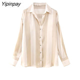 Yipinpay Summer Women Oversized Striped Blouses Shirt 2023 New Causal Turn-Down Collar Tops Vintage Single Breasted Loose T-Shirts