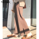 Yipinpay Autumn/Winter Women Pants Warm High Waist Loose Knitted Wide Leg Pants Baggy Side Slit Casual Pants Female