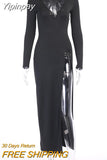 Yipinpay Black Side Split Sexy Maxi Dress For Women Autumn V-Neck Long Sleeve Party Dresses Elegant Female Christmas Vestidos 2023