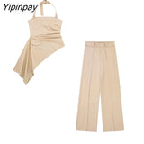 Yipinpay 2023 Women Windbreak Suit Sets Female Solid Long Sleeve Jackets With Belt High Waisted Casual Wide Leg Suits Pants Set