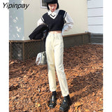 Yipinpay Casual Winter Velvet Denim Haren Pants Female Streetwear High Waist Warm Cashmere Mom Jeans Solid Baggy Woman Jean