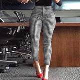 Yipinpay Women High Waist Houndstooth Print Skinny Feet Pants  Casual Pants Fashion Pants 0406