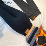 Yipinpay Winter Thickened Warm Elastic Pencil Jeans For Women Plus Velvet High Waist Skinny Denim Pants
