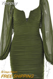 Yipinpay V-Neck Puff Sleeve Ruched Dress Women Party Double Layer Long Sleeve Sexy Mini Dresses Elegant Femme Clubwear Clothing