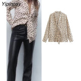 Yipinpay 2023 Women Leopard Printed Blouses Spring Autumn Casual Long Sleeved Bow Collar Tops Elegant Single Breasted T-Shirts