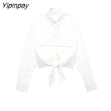 Yipinpay Fashion Women Solid Skirts Sets 2023 Summer Female Elegant Single Breasted Bow Shirts Mid-Calf A-Line Skirts With Belt Sets